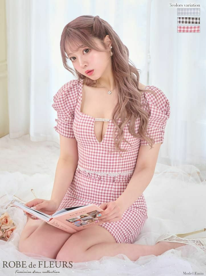ROBEdeFLEURS ローブドフルール 高級ギンガムチェックパフスリーブセットアップ袖ありタイトミニドレス