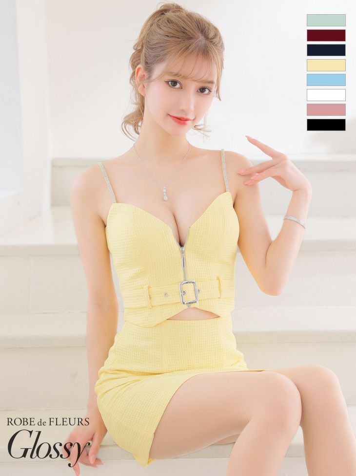 ROBEdeFLEURSGlossy ローブドフルールグロッシー 高級ワンカラーフロントジップジッパーベルトセットアップキャミソールタイトミニドレス