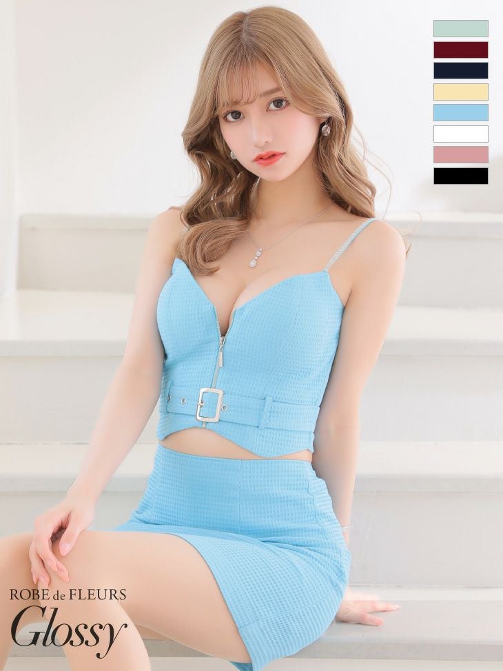 ROBEdeFLEURSGlossy ローブドフルールグロッシー 高級ワンカラーフロントジップジッパーベルトセットアップキャミソールタイトミニドレス