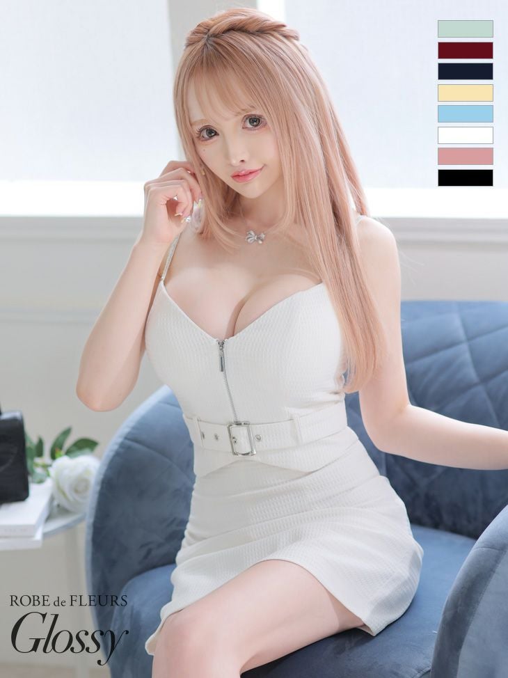 ROBEdeFLEURSGlossy ローブドフルールグロッシー 高級ワンカラーフロントジップジッパーベルトセットアップキャミソールタイトミニドレス