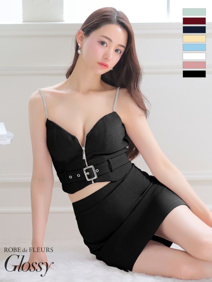 ROBEdeFLEURSGlossy ローブドフルールグロッシー 高級ワンカラーフロントジップジッパーベルトセットアップキャミソールタイトミニドレス