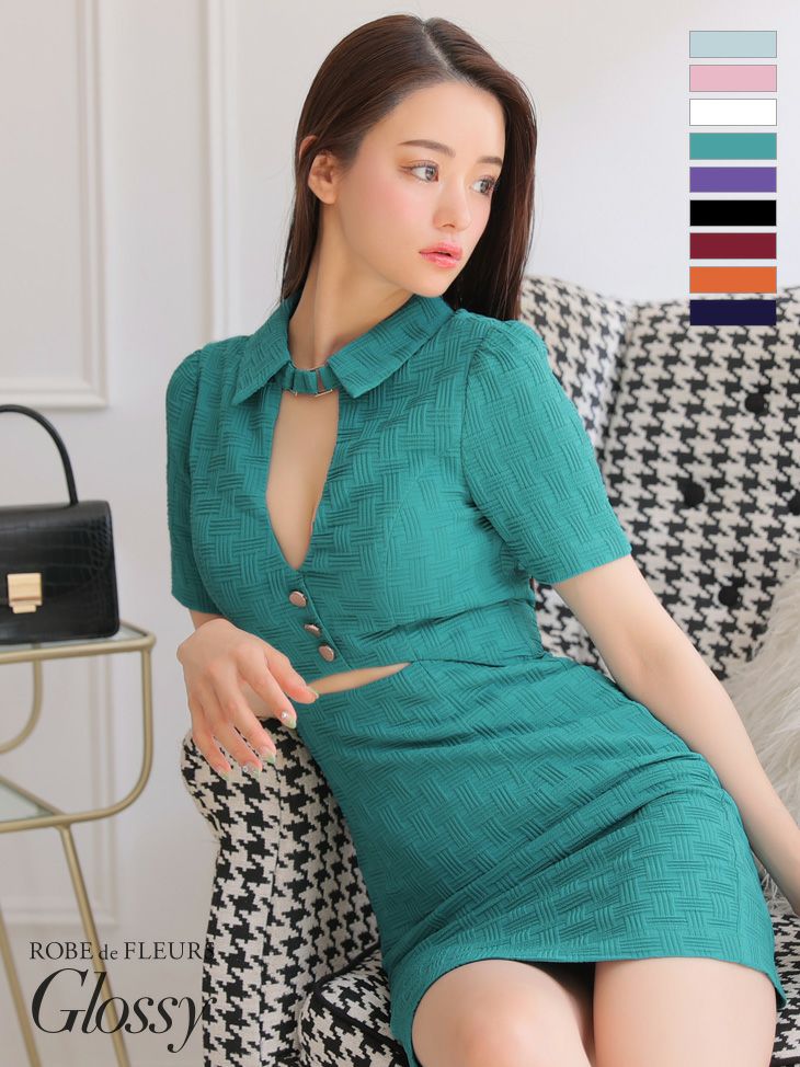 キャバドレス ミニドレス ROBEdeFLEURSGlossy ローブドフルールグロッシー 高級バストカットウエストカットワンカラー襟付きタイト半袖タイトミニドレス