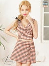 PURESS ピュアレス 高級ツイードチェックバストカットセットアップノースリーブフレアミニドレス