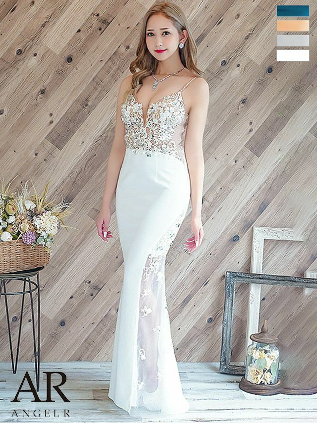 Angel-R エンジェルアール 高級セクシーシアーレースフラワー刺繍スリットキャミソールタイトロングドレス
