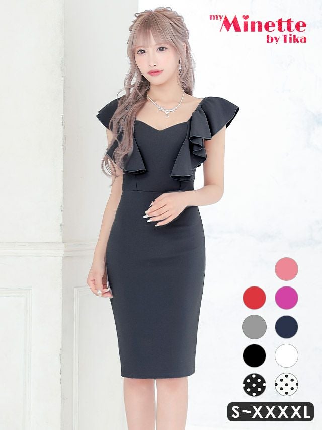 ワンカラーフリル袖ストレッチタイト膝丈ドレス