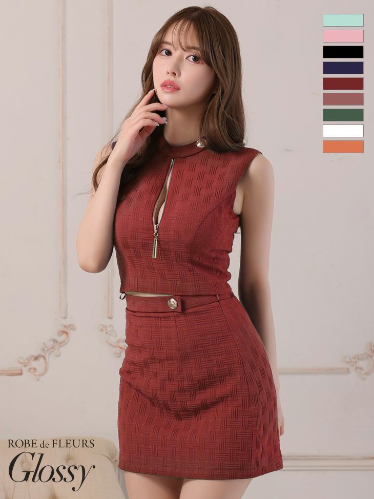 [ROBEdeFLEURSGlossy/ローブドフルールグロッシー] 高級ジップシンプルワンカラーストレッチノースリーブセットアップタイトミニドレス