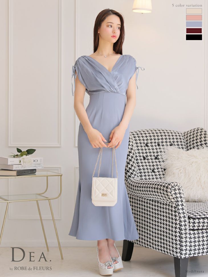 DEA.byROBEdeFLEURS ディアバイローブドフルール 高級半袖ドロストカシュクールオーガンジー切り替えタイト膝丈ワンピースドレス