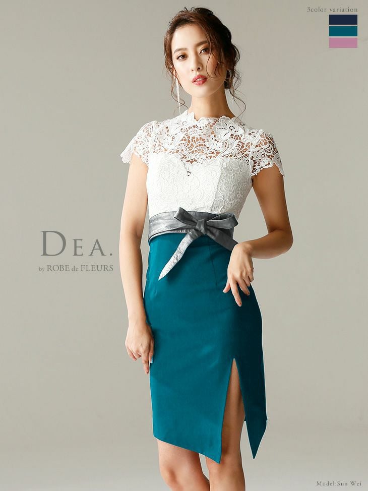 DEA.byROBEdeFLEURS ディアバイローブドフルール 高級ケミカルレースウエストリボン切替半袖タイトミニドレス