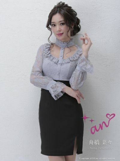 an アン 高級デコルテカットアウトレース切替サイドスリット長袖タイトミニドレス