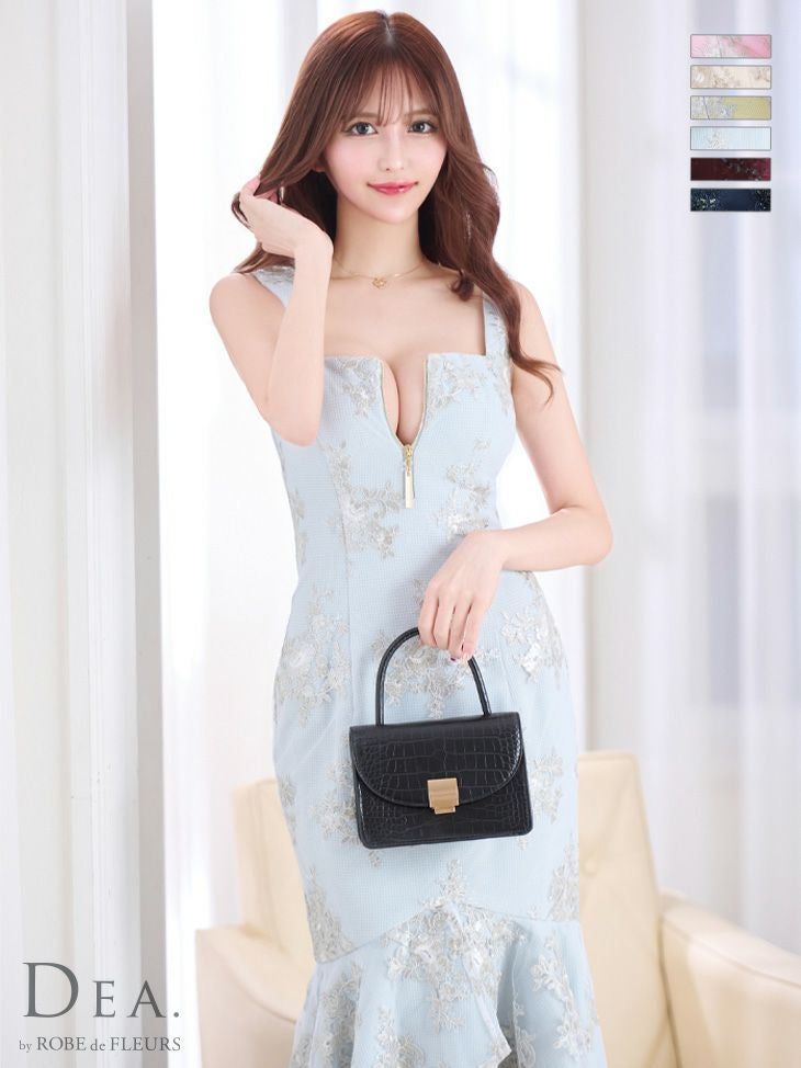 キャバドレス 花柄 DEA.byROBEdeFLEURS ディアバイローブドフルール 高級スパンコールフラワー刺繍フロントジップマーメイドフリルノースリーブタイト膝丈ワンピースドレス