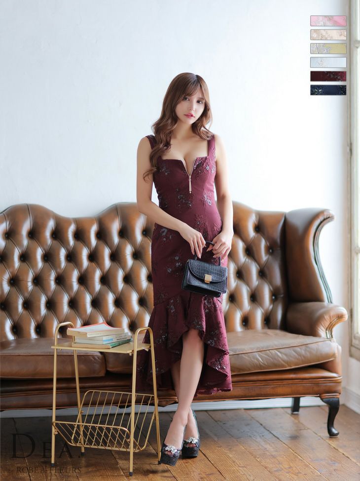 DEA.byROBEdeFLEURS ディアバイローブドフルール 高級スパンコールフラワー刺繍フロントジップマーメイドフリルノースリーブタイト膝丈ワンピースドレス