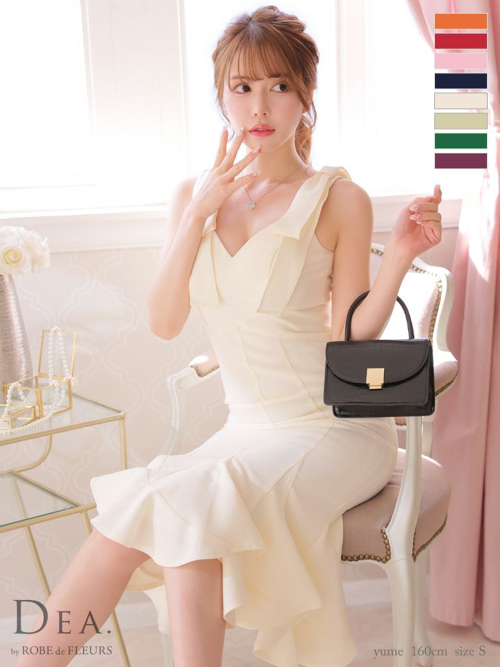 キャバドレス 膝丈ドレス DEA.byROBEdeFLEURS ディアバイローブドフルール 高級ワンカラーショルダーリボンマーメイドフリルノースリーブワンピースタイト膝丈ドレス