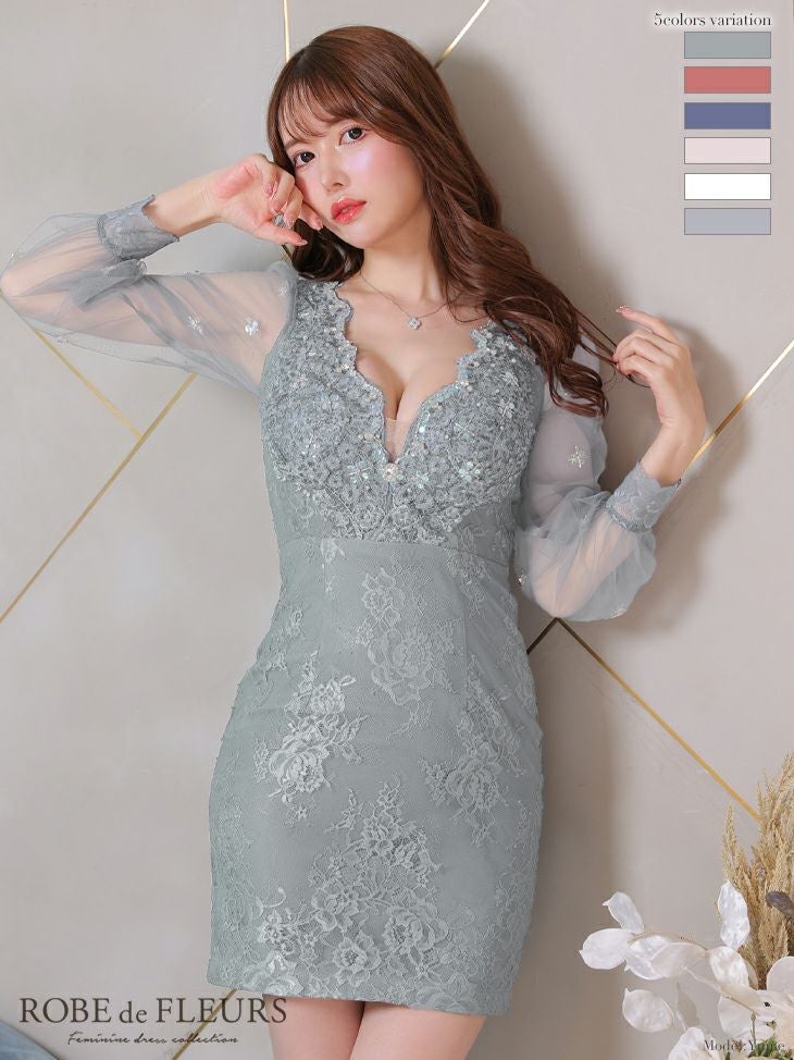 ROBEdeFLEURS ローブドフルール 高級フラワーレースシースルー長袖スカラップカットタイトミニドレス