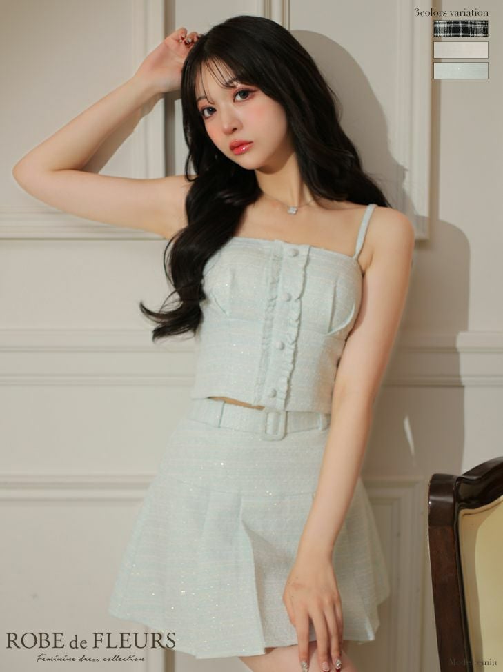 ROBEdeFLEURS ローブドフルール 高級ラメツイード×プリーツスカートキャミソールセットアップタイトミニドレス