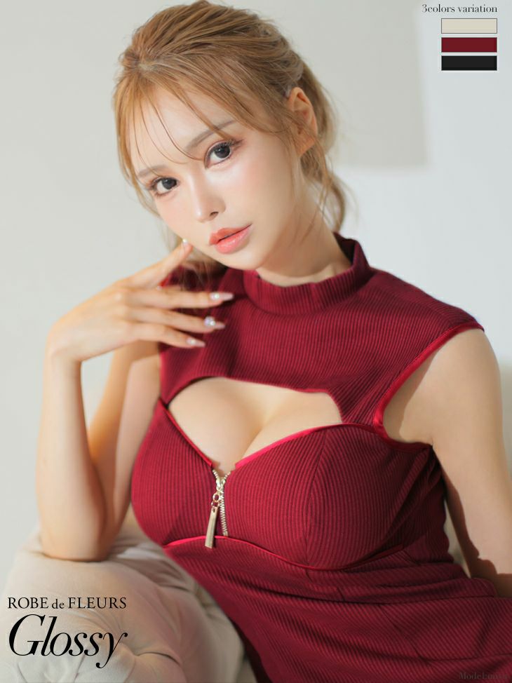 ROBEdeFLEURSGlossy ローブドフルールグロッシー 高級シンプルリブニットバストジップノースリーブタイトミニドレス