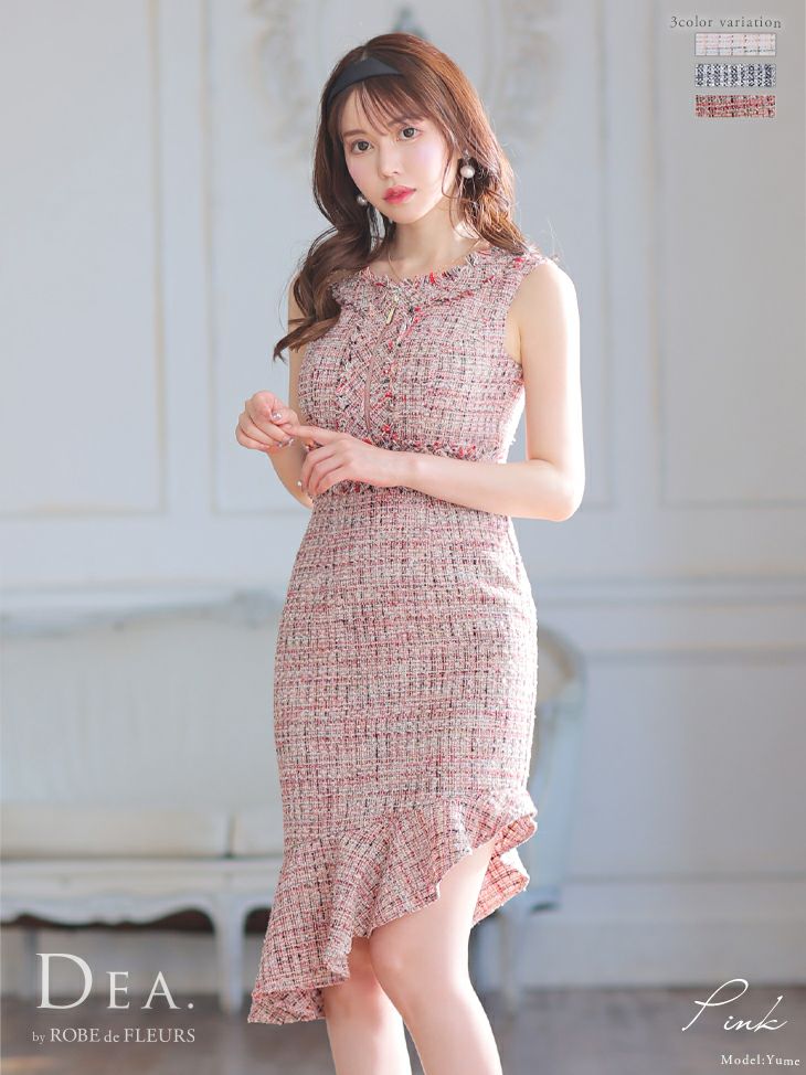 DEA.byROBEdeFLEURS ディアバイローブドフルール 高級ラメツイードフリルアシンメトリーワンピースノースリーブ膝丈ドレス