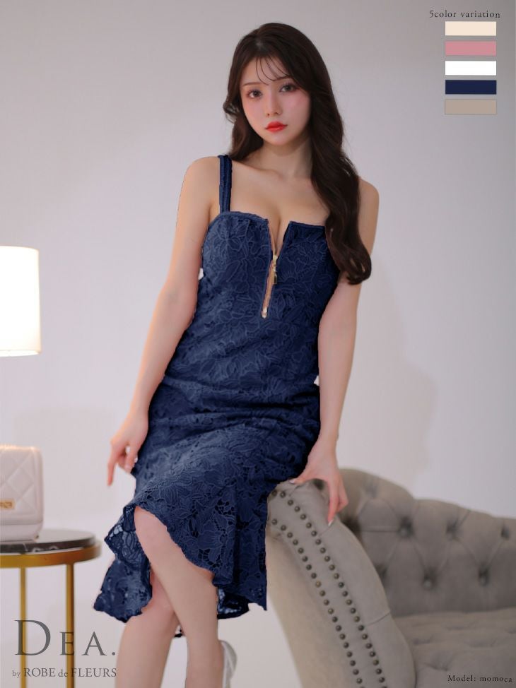 DEA.byROBEdeFLEURS ディアバイローブドフルール 高級ケミカルレースジッパー×フリルマーメイドキャミソール膝丈ドレス