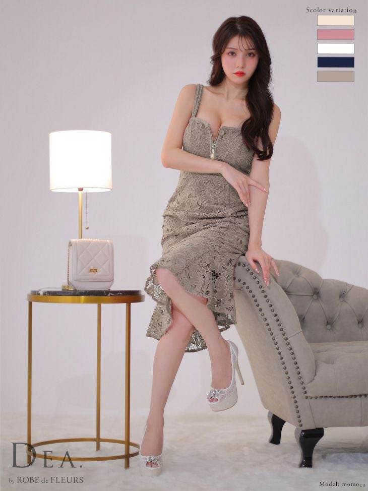 DEA.byROBEdeFLEURS ディアバイローブドフルール 高級ケミカルレースジッパー×フリルマーメイドキャミソール膝丈ドレス