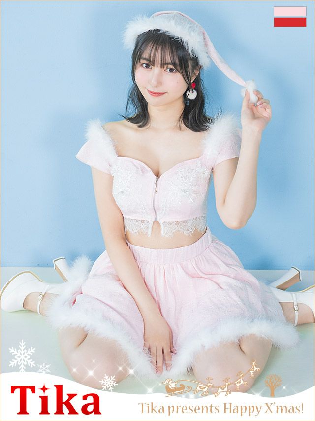 コスプレ サンタ クリスマス 衣装 仮装 赤 ピンク フロントジップショートトップス×フレアミニスカートジャガードふわふわセパレートフラワーレースサンタコスプレ