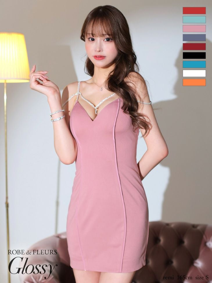 キャバアドレス ミニドレス [ROBEdeFLEURSGlossy/ローブドフルールグロッシー] 高級ビジューキャミソールパイピングワンカラーストレッチタイトミニドレス