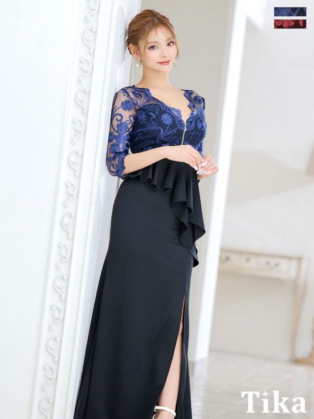 キャバドレス ロング丈 大きいサイズ タイト ロングドレス 袖あり ペプラム 体型カバー