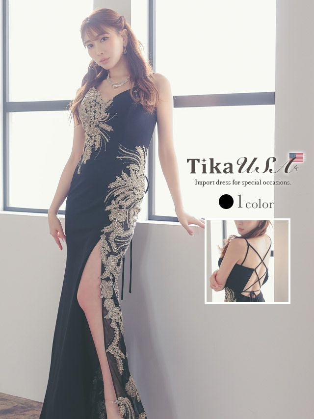 キャバドレス ロング丈 インポート バースデー イベント ゴールドリーフ刺繍ビジュークリスクロスバックレスタイトロングバースデードレス