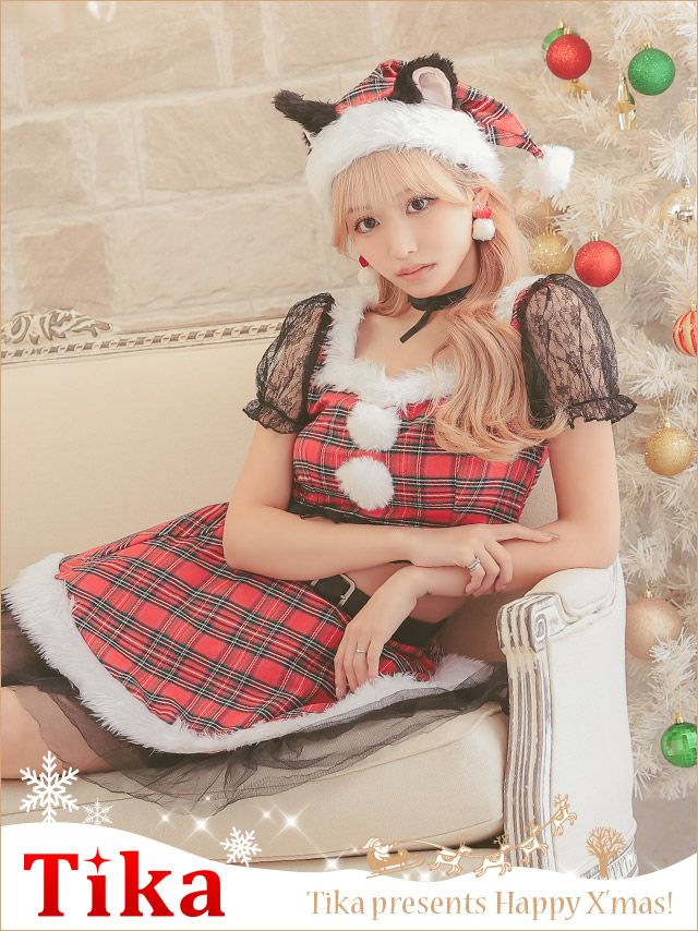 サンタコスプレ 5点set まやりん着用 猫 ガーリー タータンチェック レース フレアスカート へそ出し セクシー セパレート アニマル [チョーカー＋トップス+スカート＋ベルト＋サンタ帽子]