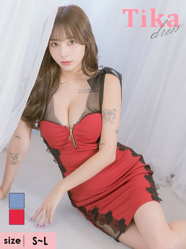 キャバドレス ミニ丈 大きいサイズ ワンピース キャバクラ シアーノースリーブリボンバストジップくびれストレッチクリスマスタイトミニドレス