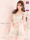 高級立体フラワー袖フリルパール付きチュールノースリーブハイウエスト切替フレアミニドレス
