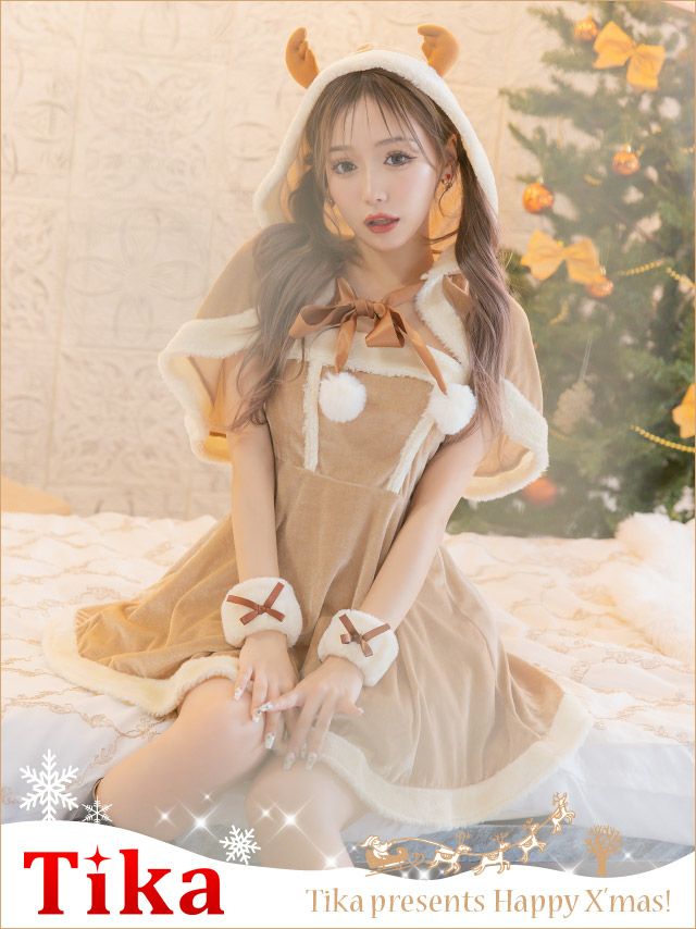 サンタコスプレ 4点set トナカイ コスプレ フード付きケープ フレアスカート アニマル [フード付きケープ+ワンピース＋カフス＋透明ストラップ]