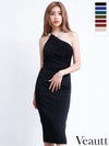 キャバドレス 膝丈ドレス Veautt/ヴュート 高級ネックビジュードレープジップスリットタイト膝丈ドレス