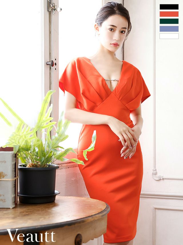 キャバドレス ミニドレス  [Veautt/ヴュート] 高級ワンカラーバストチャーム半袖タイトひざ丈ドレス