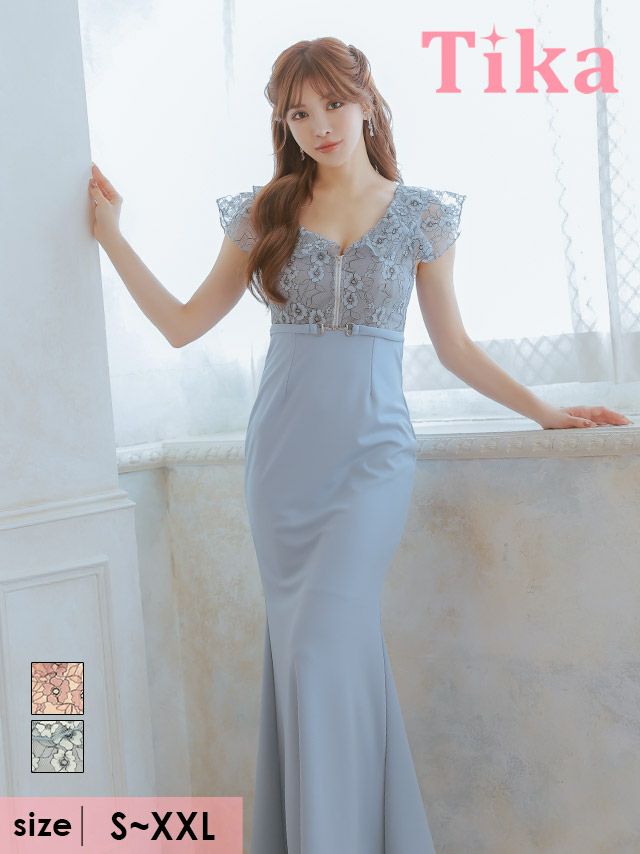 キャバドレス ロング丈 大きいサイズ キャバクラ フラワーレースフリル袖バストジップ切り替えバックスリットストレッチタイトロングドレス