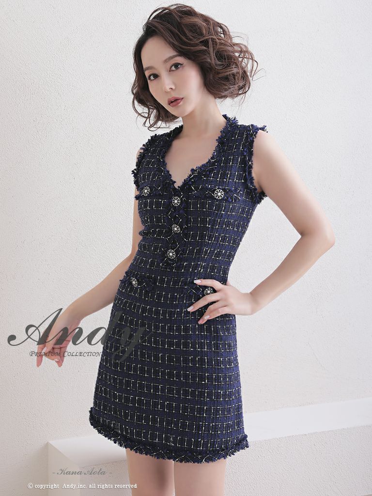 キャバドレス ミニドレス Andyアンディ 高級チェック柄ツイードノースリーブフリンジボタンフレアミニドレス