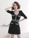 キャバドレス ミニドレス Andyアンディ 高級バイカラー切り替えボタンポケットデザイン袖ありフレアミニドレス