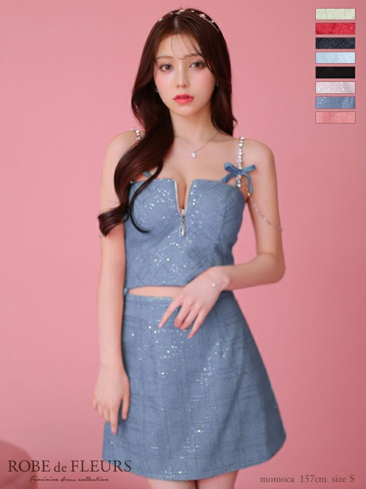 キャバドレス ミニドレス ROBEdeFLEURS ローブドフルール　高級キャミソールビジューリボンバストジップスパンコール刺繍セットアップフレアミニドレス