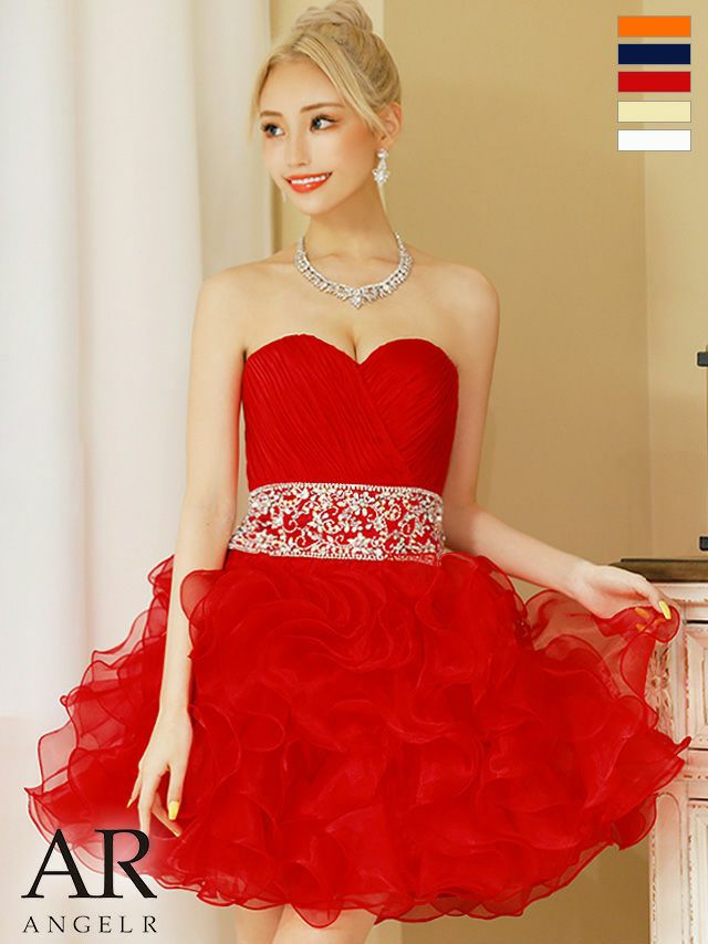 高級ウエストビジューフリルバックレースアップベアトップフレアミニドレス