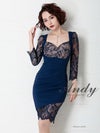 高級レース袖ありタイトミニドレス
