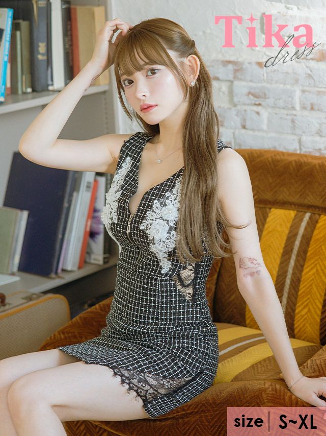 キャバドレス ミニ丈 大きいサイズ ワンピース キャバクラ ノースリーブフラワー刺繍ビジューバストジップくびれレースツイードチェック柄タイトミニドレス