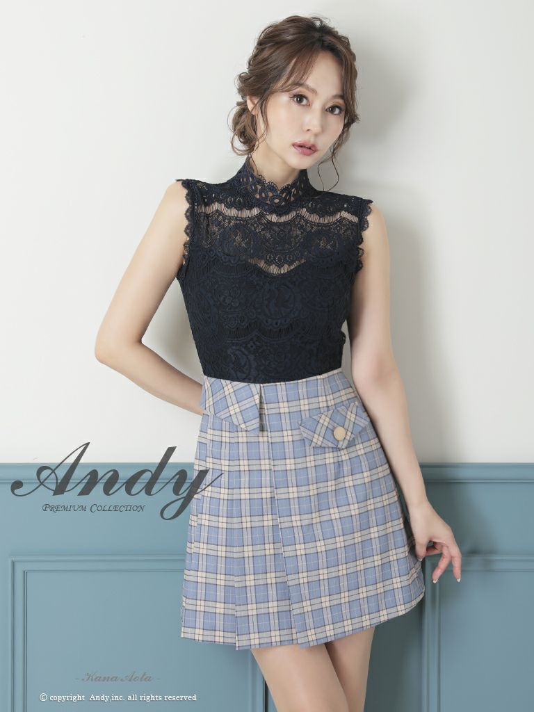 キャバドレス ミニドレス Andy アンディ 高級ブランドハイネック刺繍レースノースリーブチェック柄タイトミニドレス