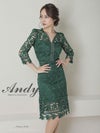 キャバドレス 膝丈ドレス Andy/アンディ 高級長袖総レースワンカラー切り替えシースルータイト膝丈ドレス