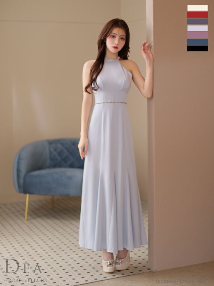 キャバドレス ロングドレス DEA.byROBEdeFLEURS ディアバイローブドフルール　高級ビジューバックオープンウエストリボンサテンホルターネックワンピースAラインロングドレス