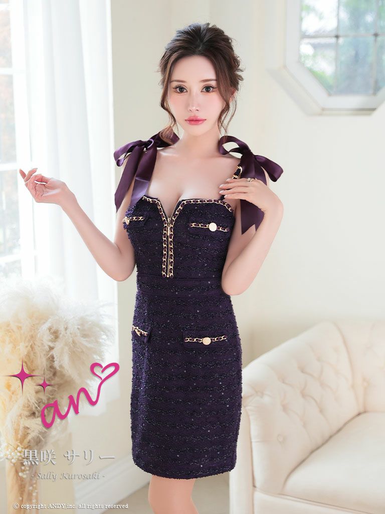  [an/アン] 高級ショルダーリボンストレッチワンカラーバストジップチェーンタイトミニドレス