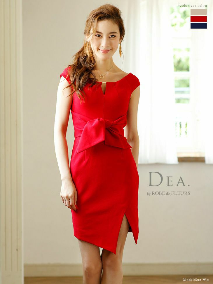 キャバドレス ミニドレス [SALE] [DEA.byROBEdeFLEURS/ディアバイローブドフルール] 高級ウエストリボン×アシンメトリーミディアム丈タイトスカートドレス