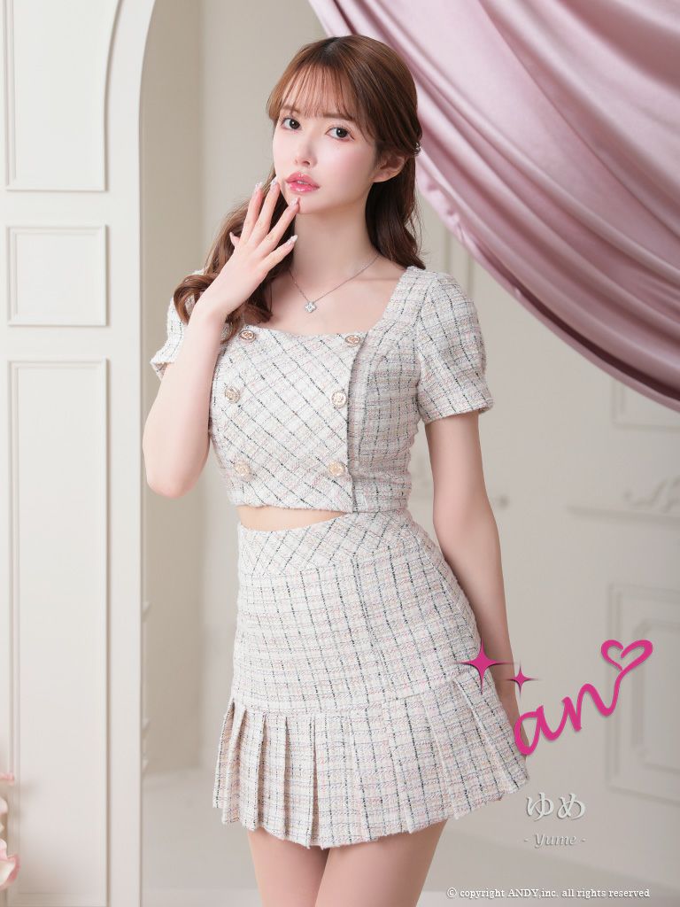 キャバドレス ミニ [an/アン] 高級ゴールドボタンチェック柄フレアセットアップミニ丈ドレス