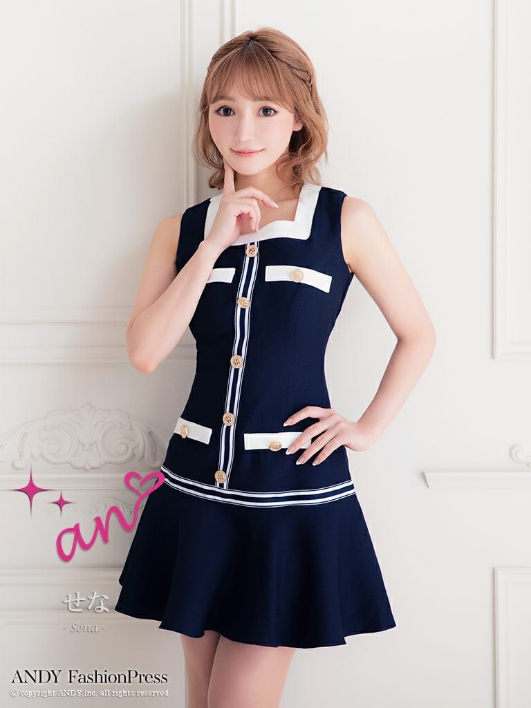 キャバドレス ミニ [an/アン] 高級ゴールドボタンノースリーブフレアミニ丈ドレス