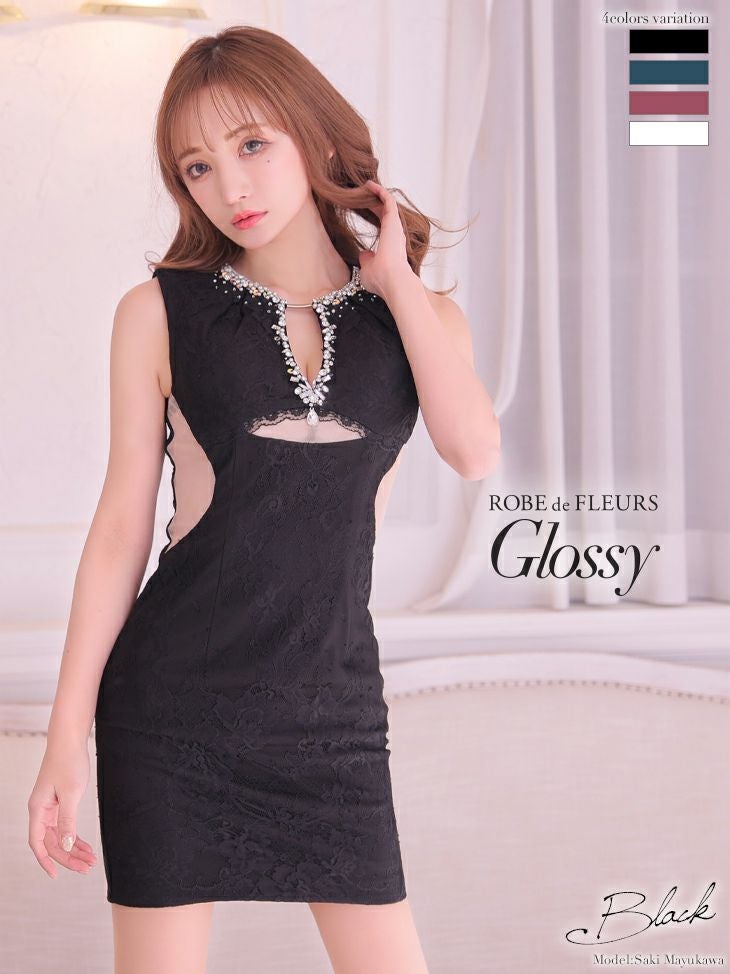 キャバドレス ミニドレス [SALE] [ROBEdeFLEURSGlossy/ローブドフルールグロッシー] 高級ノースリーブバスト×ウエストカットデザインくびれチュール切替総レースタイトミニドレス