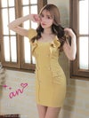 キャバドレス　ミニ [an/アン] 高級パールボタンワンカラーショルダーフリルタイトミニドレス