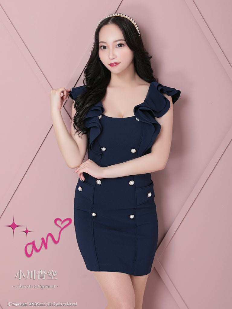 キャバドレス ミニ  [an/アン] 高級パールボタンワンカラーショルダーフリルタイトミニドレス