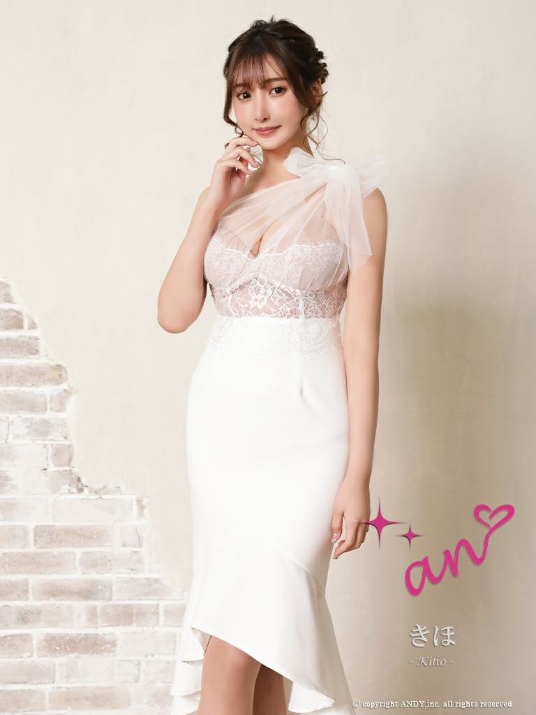 キャバドレス  [an/アン] 高級ワンショルダーレースリボンタイトロング丈ドレス